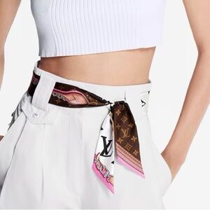 Louis Vuitton Brown, Pink & Cream Monogram BB Bandeau Silk Twilly